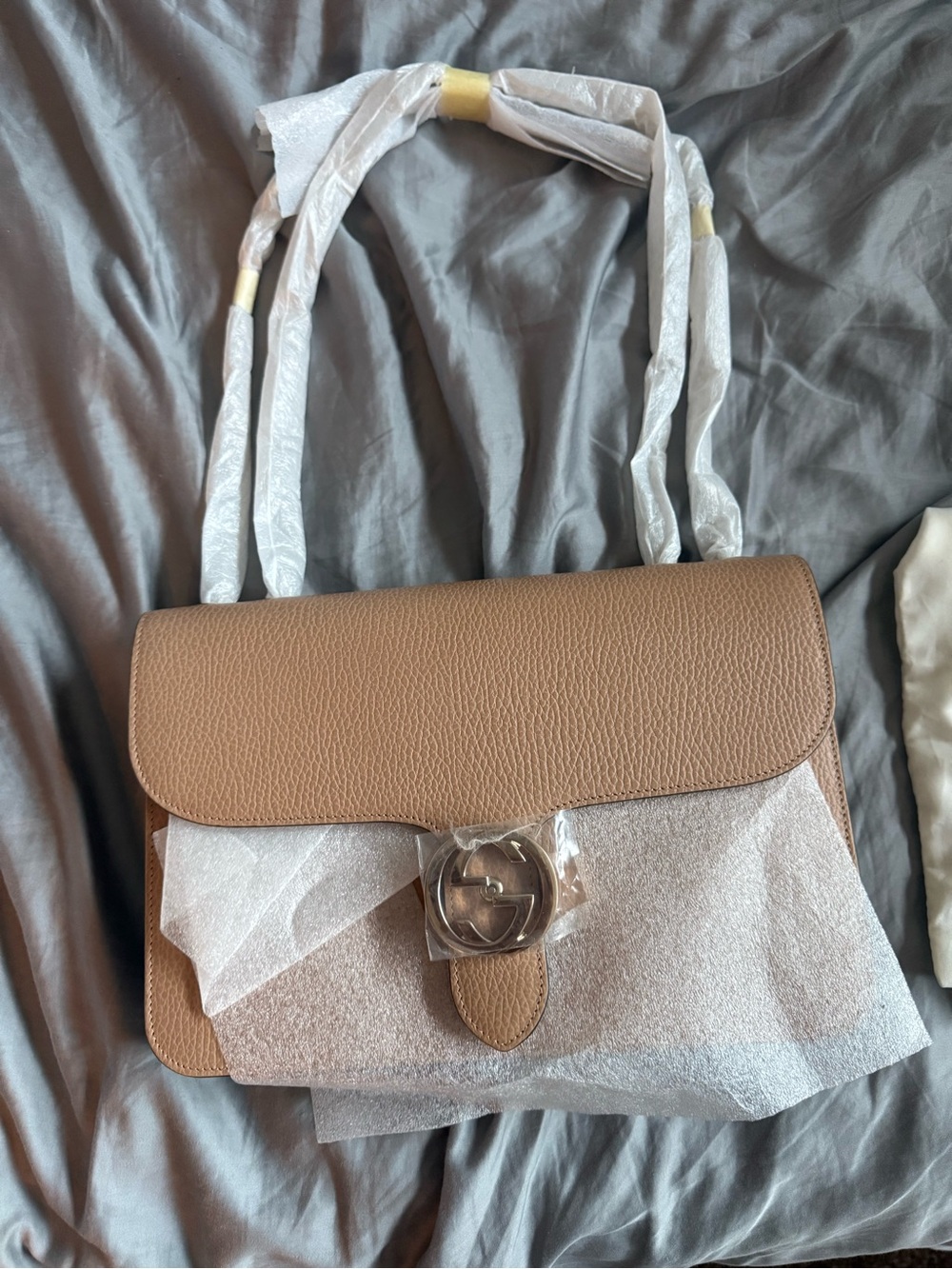 Tan Leather Shoulder Bag with Silver Turn-Lock